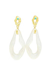 A pair of gold and white teardrop dangle earrings with small turquoise blue gemstone accents at the top, timeless.