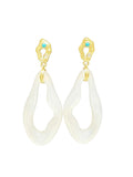 A pair of gold and white teardrop dangle earrings with small turquoise blue gemstone accents at the top, timeless.